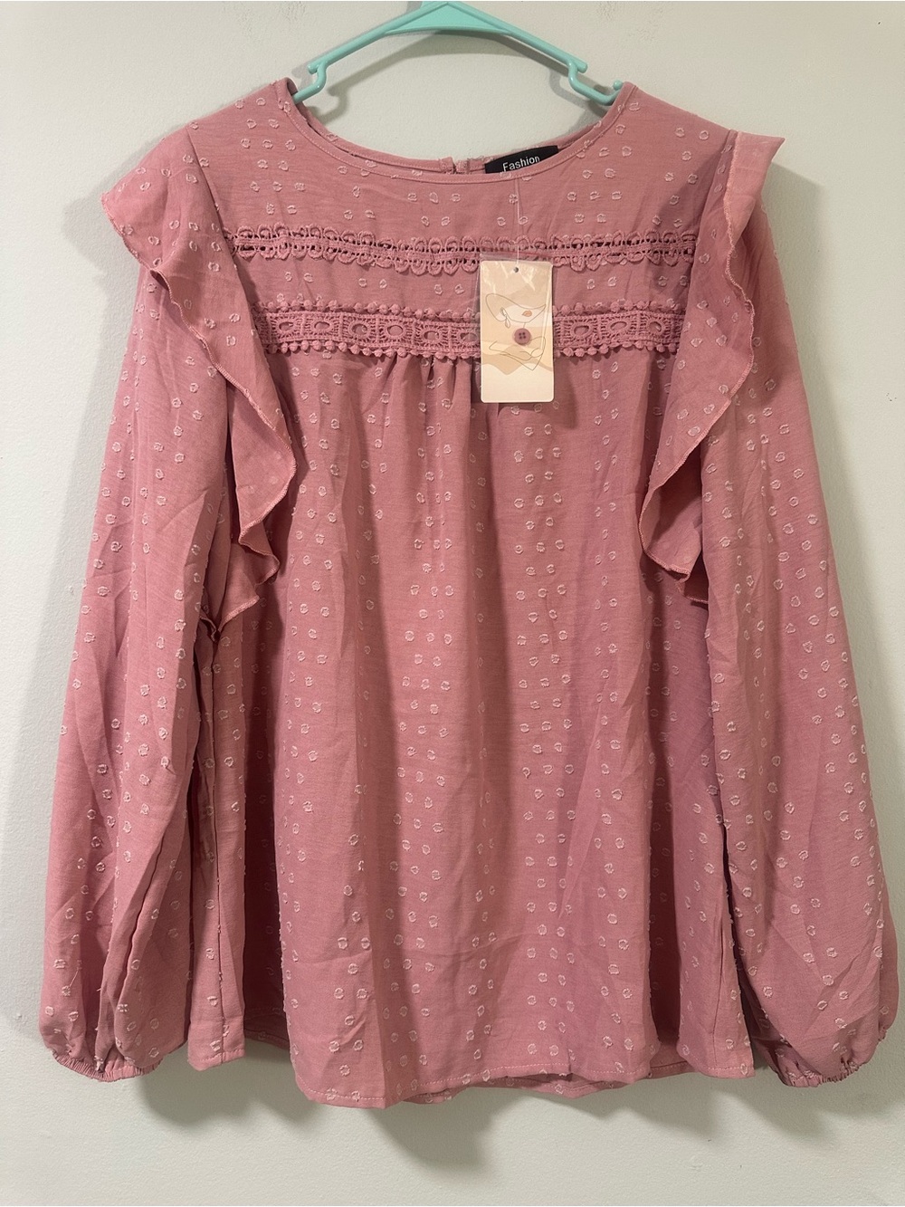 Pink Ruffle Long-Sleeve Eyelet Blouse
